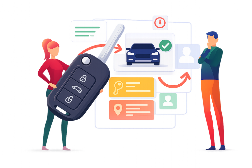 Illustration eines Autoschlüssels mit Fahrzeug und digitaler Programmierung – Autoschlüssel nachmachen, programmieren und Keyless-Go-Service in Hockenheim.